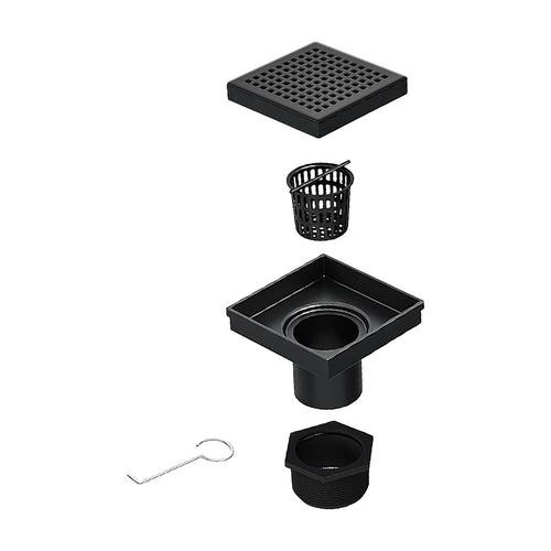 10 x 10cm Square Shower Drain with Grid Pattern Grate – Matte Black Stainless Steel