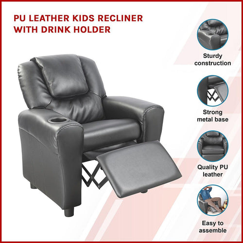 PU Leather Kids Recliner with Drink Holder - Black
