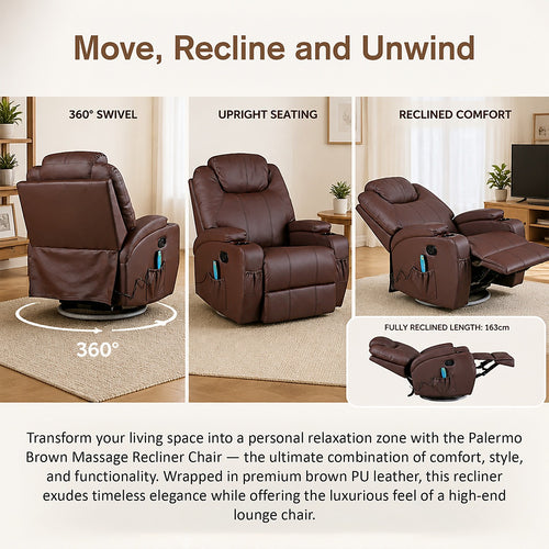 Heated Massage Chair – Brown PU Leather 360° Swivel Recliner