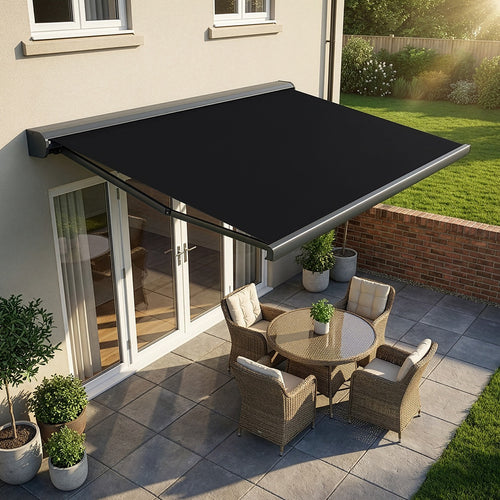 Heavy Duty Full Cassette Retractable Awning: Motorised 4x3m Black Sunshade