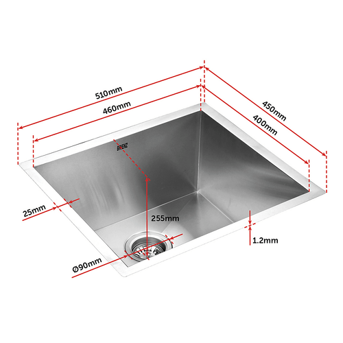 510x450mm Stainless Steel Handmade 1.2mm Sink with Waste in Stainless Steel 304 Finish