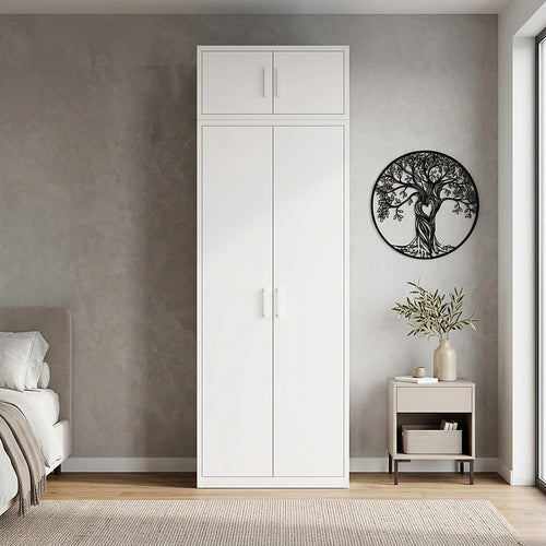 80x240cm 2-Door White Steel Shelf Wardrobe with White Handle Storage Cabinet