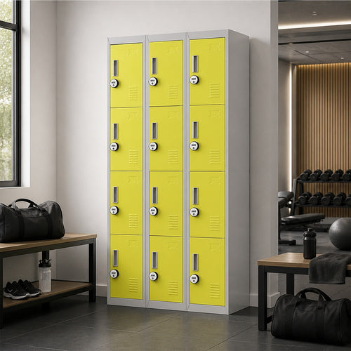 12-Door Steel Locker – Grey with Yellow Door, 4-Digit Combination Lock