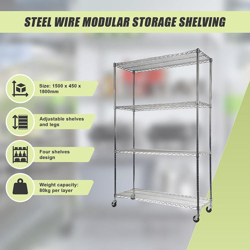 Modular Wire Storage Shelf 1500 x 450 x 1920mm Steel Shelving - Carbon Chrome Plated with Wheels