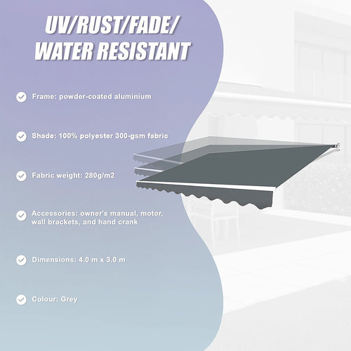 Automatic Retractable Awning 4x3m - Grey Outdoor Wall Sunshade