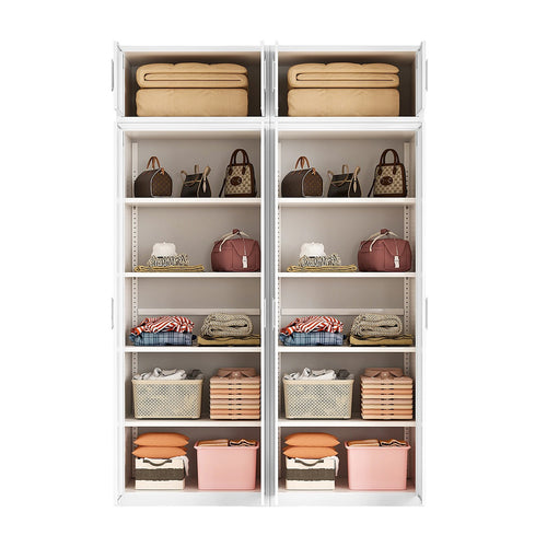 160x240cm 4-Door White Steel Shelf Wardrobe with White Handle Storage Cabinet