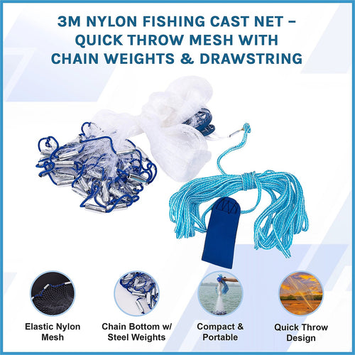 3m Nylon Fishing Cast Net – Quick Throw Mesh with Chain Weights & Drawstring for Easy Casting
