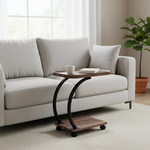 C-Shaped Corner End Table with Wheels Sofa Side Table