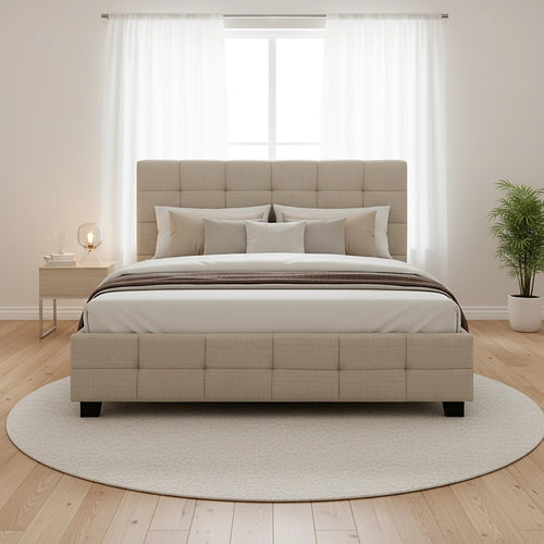 Double Deluxe Beige Linen Fabric Upholstered Bed Frame with Headboard & Slats