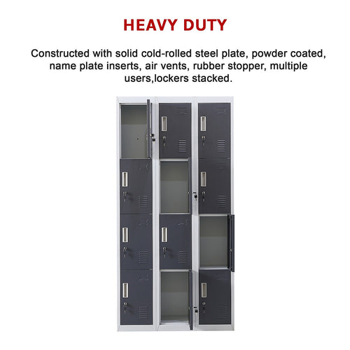 12-Door Locker – Grey with Charcoal Door with Standard Lock with 2 Keys | Secure Storage for Office, Gym or School Use