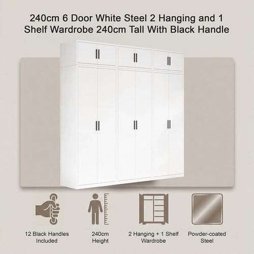 240x240cm 6-Door White Steel 2 Hanging and 1 Shelf Wardrobe with Black Handle Storage Cabinet