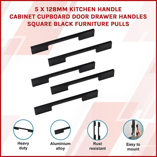 5 x 128mm Kitchen Cabinet Cupboard Door Drawer Handles Square Black Furniture Pulls