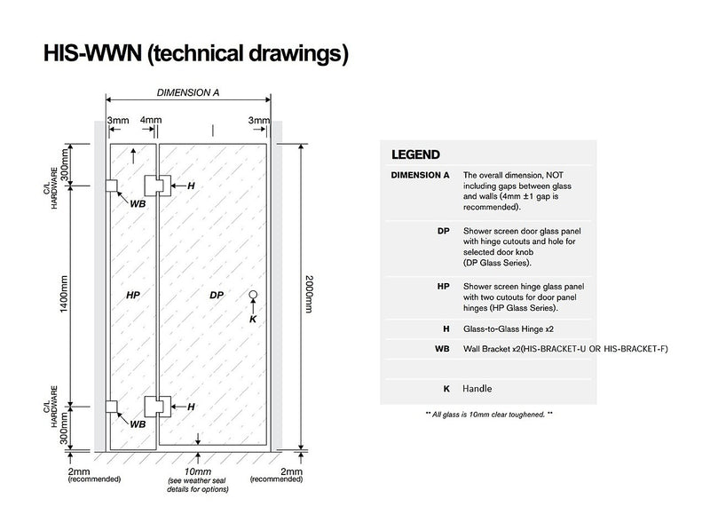 120x110cm Corner Frameless Shower Screen with Nickel Brackets and Brass ...
