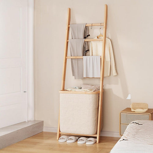 Wall Leaning Ladder Shelf with Laundry Basket Clothes Hamper Bath Towel Rack