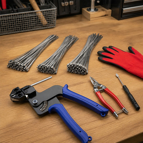 Cable Tie Gun Kit with 150 Stainless Steel Cable Ties & Tools