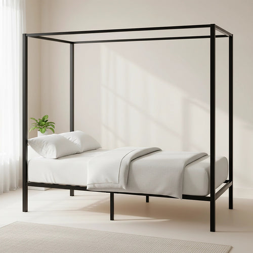 4-Poster Single Bed Frame – Sturdy Black Modern Canopy Bed for Bedroom