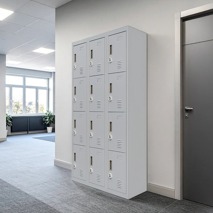 12-Door Locker – Grey 3-Digit Combination Lock | Secure Storage for Office, Gym, School