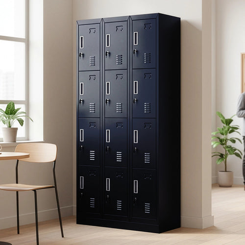 12-Door Locker – Black with Standard Lock with 2 Keys | Secure Storage for Office, Gym or School Use