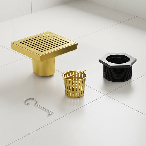 15 x 15cm Square Shower Drain with Grid Pattern Grate – Brushed Gold Stainless Steel