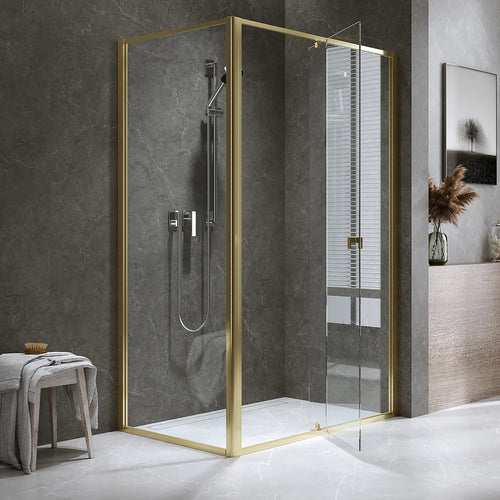 Adjustable Semi Frameless Shower Screen Front: (114~122)x195cm with Gold Hardware and Side: (89~92)x195cm