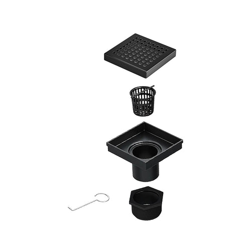 15 x 15cm Square Shower Drain with Grid Pattern Grate – Matte Black Stainless Steel
