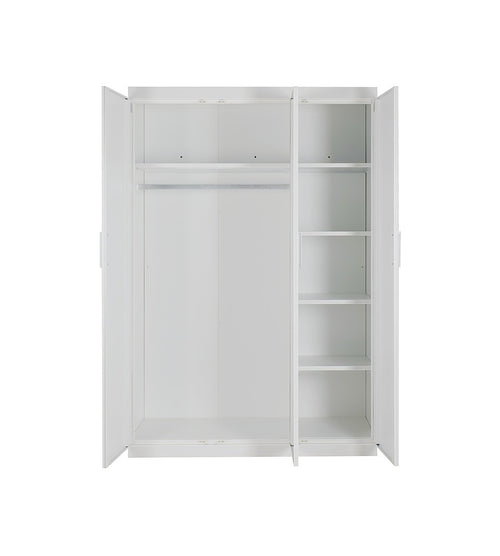 3 Door White Wardrobe – White Handles, Hanging Rail & Shelves