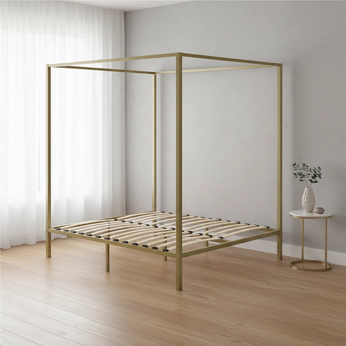 4-Poster Double Bed Frame – Sturdy Gold Modern Canopy Bed for Bedroom
