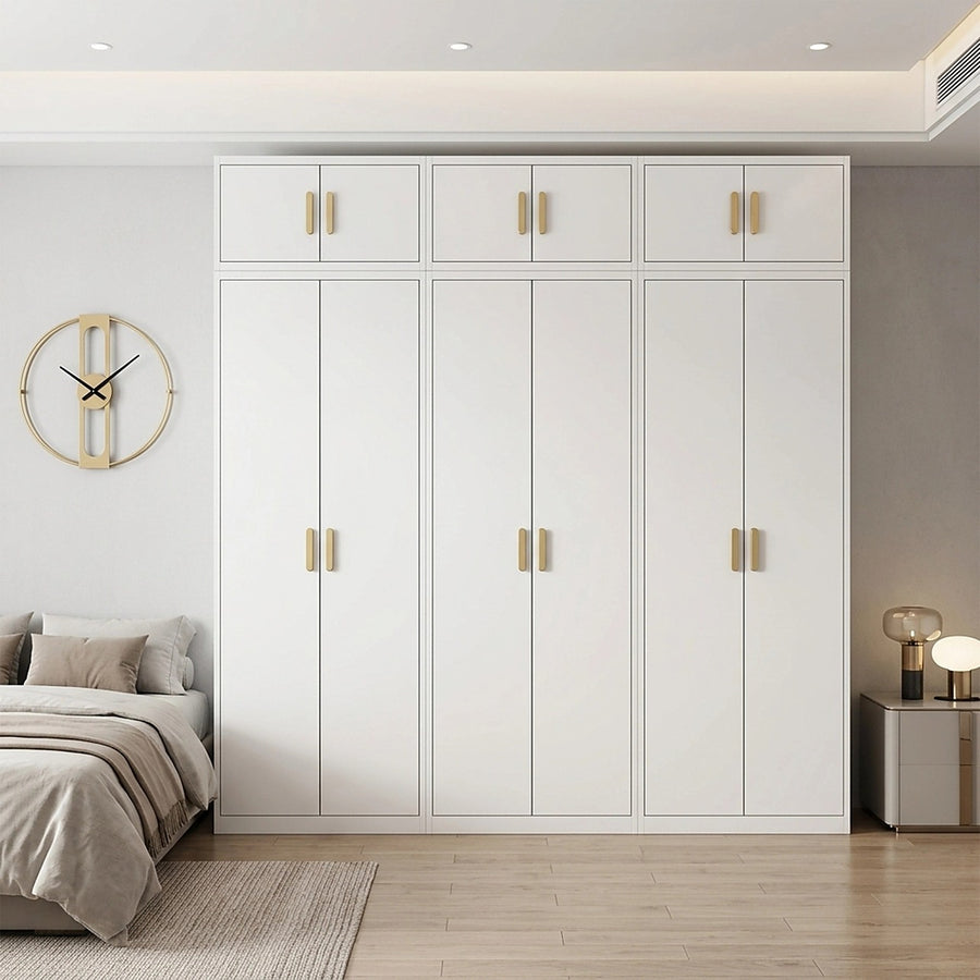240x240cm 6-Door White Steel Hanging Wardrobe with Gold Handle Storage Cabinet