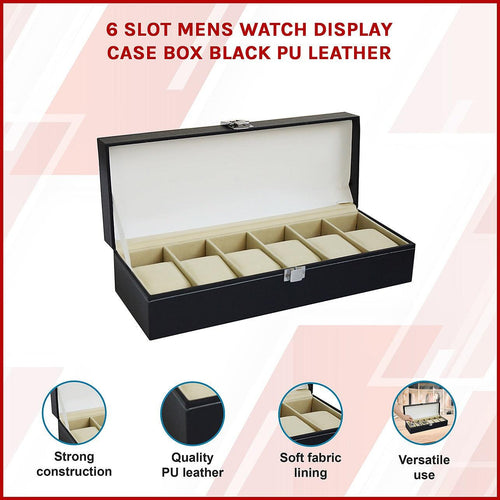 6 Slot Men’s Watch Display Case Box Black PU Leather
