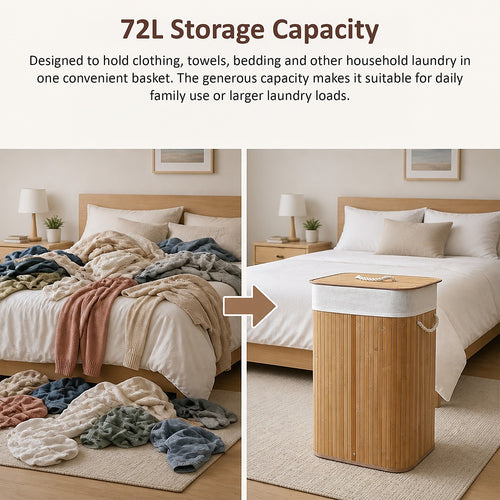 72L Wood Bamboo Laundry Hamper with Lid & Removable Liner Bag
