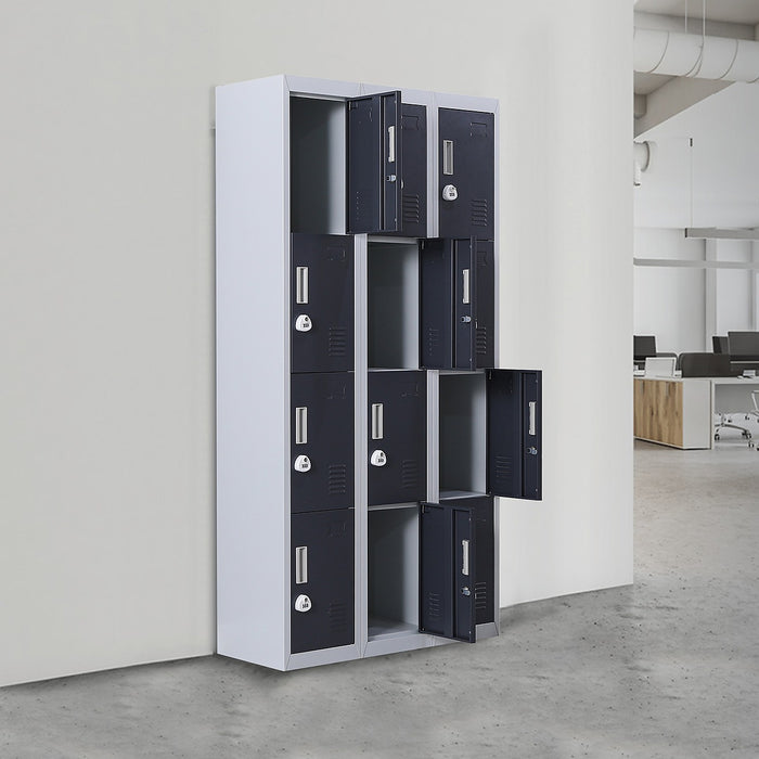 12 Door Locker for Office, Gym, School & Home Storage in Grey with Charcoal Door - 3-Digit Combination Lock