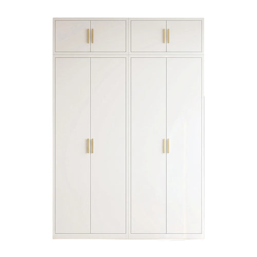 160x240cm 4-Door White Steel Hanging Wardrobe with Gold Handle Storage Cabinet