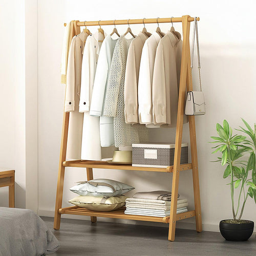 Portable Clothes Rack Coat Garment Stand Bamboo Rail Hanger Airer Closet - Wood
