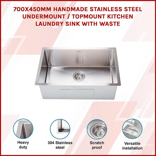 700x450mm Stainless Steel Handmade 1.5mm Sink with Waste in Stainless Steel with brushed finish Finish
