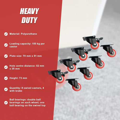 8 x 2" Polyurethane Castor Wheels - Swivel and 4 with brake