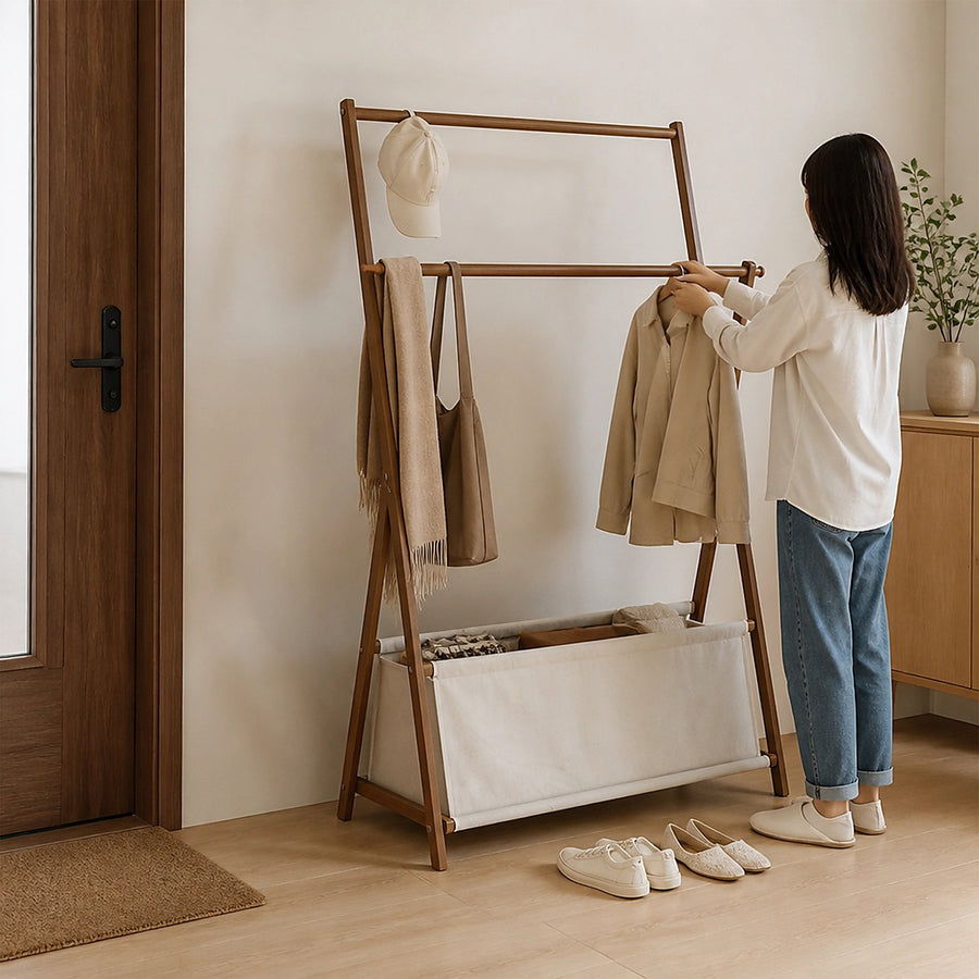 100x155cm Freestanding Clothes Rail Garment Rack in Dark Wood with Storage Shelf – Stylish, Space-Efficient Organiser