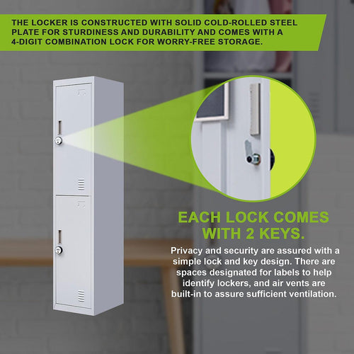 Grey 2-Door Locker for Office Gym Shed School Home Storage - 4-Digit Combination Lock