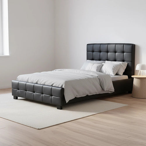 King Single Deluxe Black PU Leather Upholstered Bed Frame with Headboard & Slats