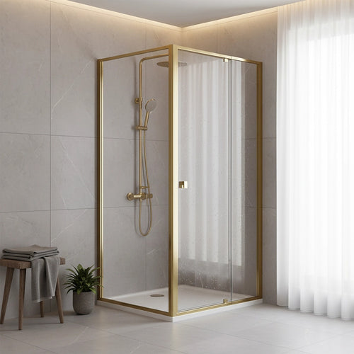 Adjustable Semi Frameless Shower Screen Front: (114~122)x195cm with Gold Hardware and Side: (89~92)x195cm