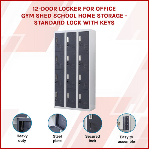 12-Door Locker – Grey with Charcoal Door with Standard Lock with 2 Keys | Secure Storage for Office, Gym or School Use