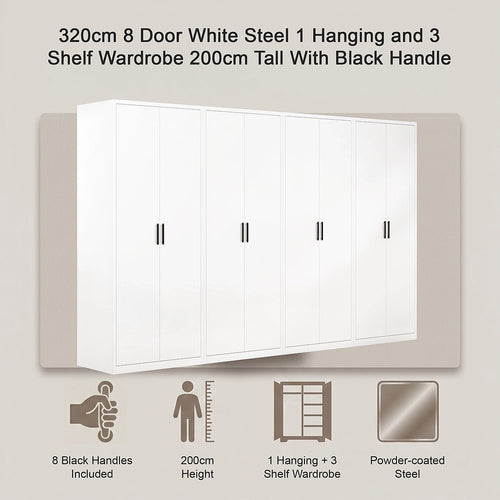320x200cm 8-Door White Steel 1 Hanging and 3 Shelf Wardrobe with Black Handle Storage Cabinet
