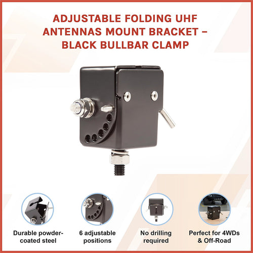 Adjustable Folding UHF Antenna Mount Bracket – Black Bullbar Clamp for 4WD, Truck & Off-Road Vehicles