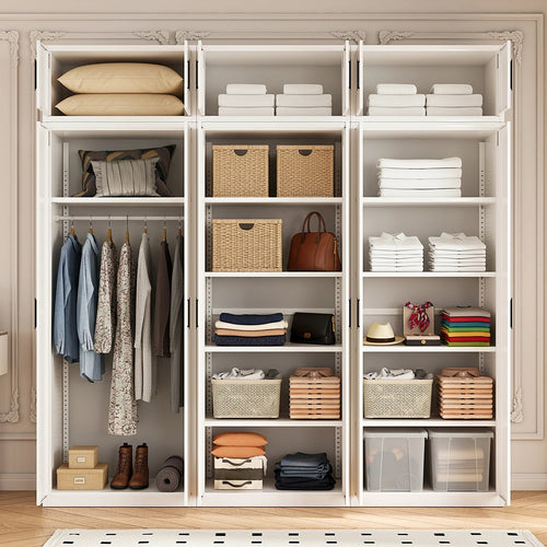 240x240cm 6-Door White Steel 1 Hanging and 2 Shelf Wardrobe with Black Handle Storage Cabinet