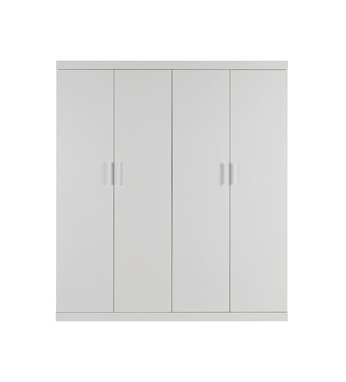 4 Door White Wardrobe Cabinet – Hanging Rail, Shelves & White Handles