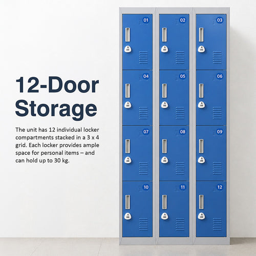12-Door Steel Locker – Grey with Blue Door, 3-Digit Combination Lock