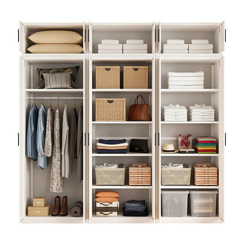240x240cm 6-Door White Steel 1 Hanging and 2 Shelf Wardrobe with Black Handle Storage Cabinet