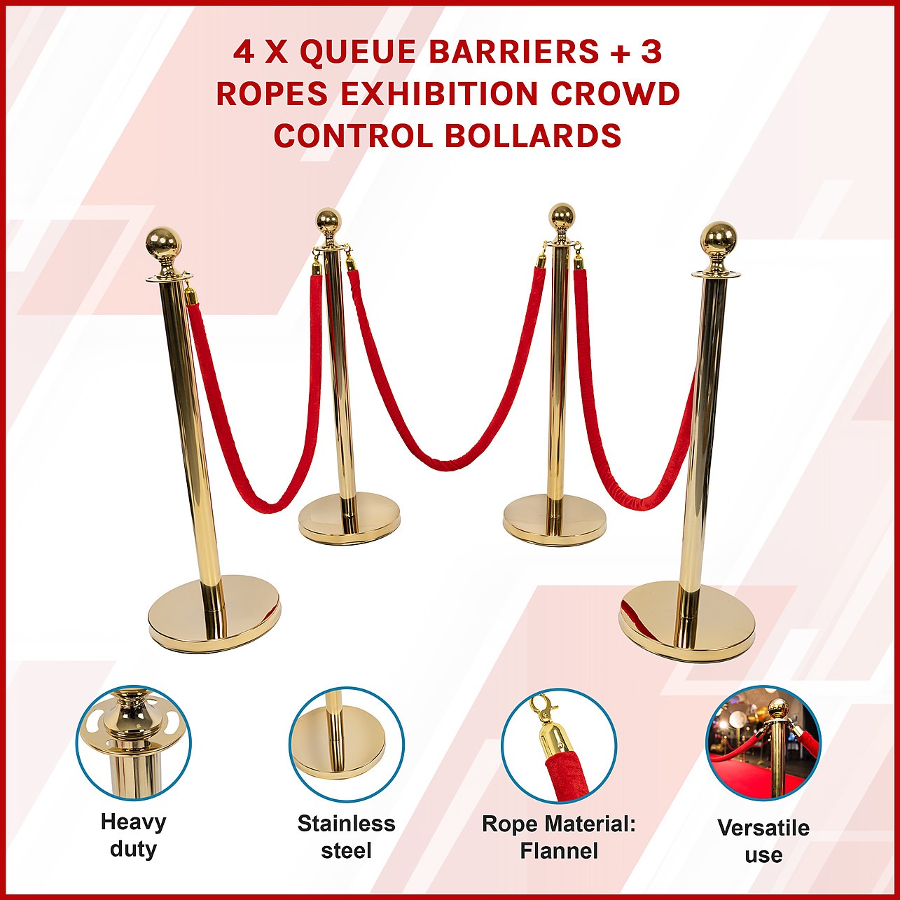4 x Queue Barriers + 3 Ropes Exhibition Crowd Control Bollards ...