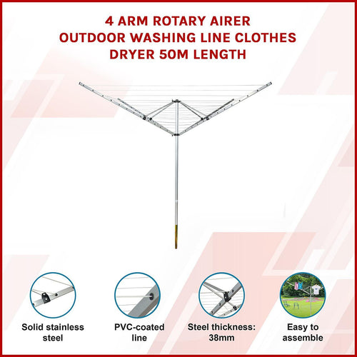 4 Arm Rotary Airer Outdoor Washing Line Clothes Dryer 50m Length
