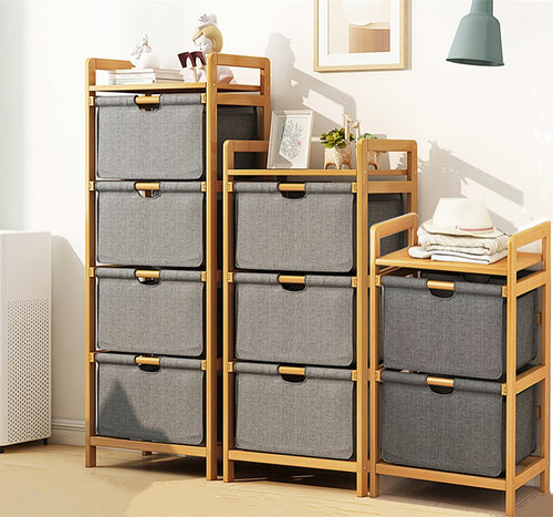 Bamboo Storage Shelf with Three-Set Rack Removable Laundry Bags & Organiser Shelves