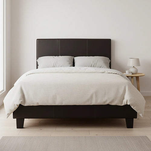 King Single Size Bed Frame with Headboard – Brown PU Leather